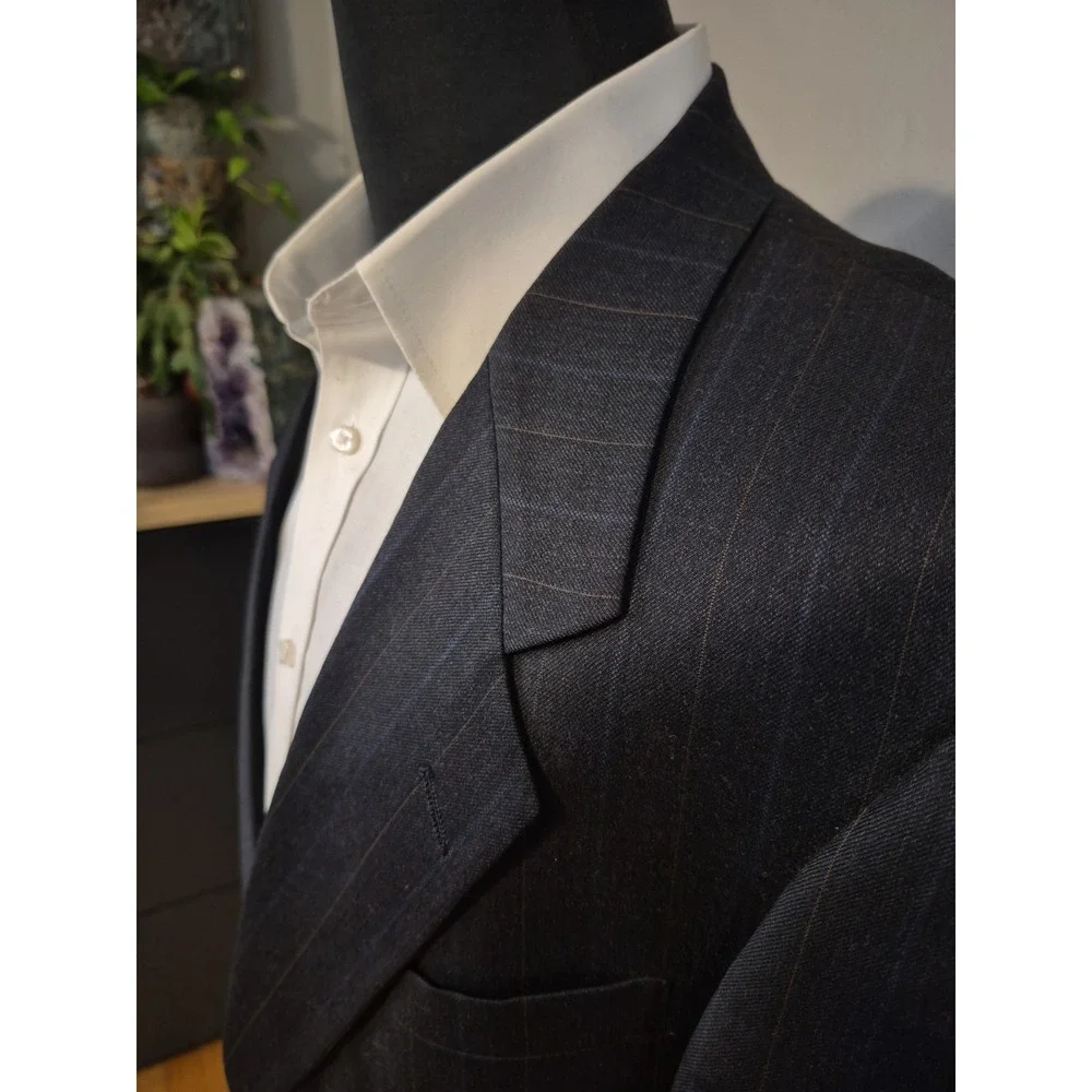 Vtg Hart Schaffner Marx Mens 44R Two Button Wool Sports Coat Navy Stripe USA